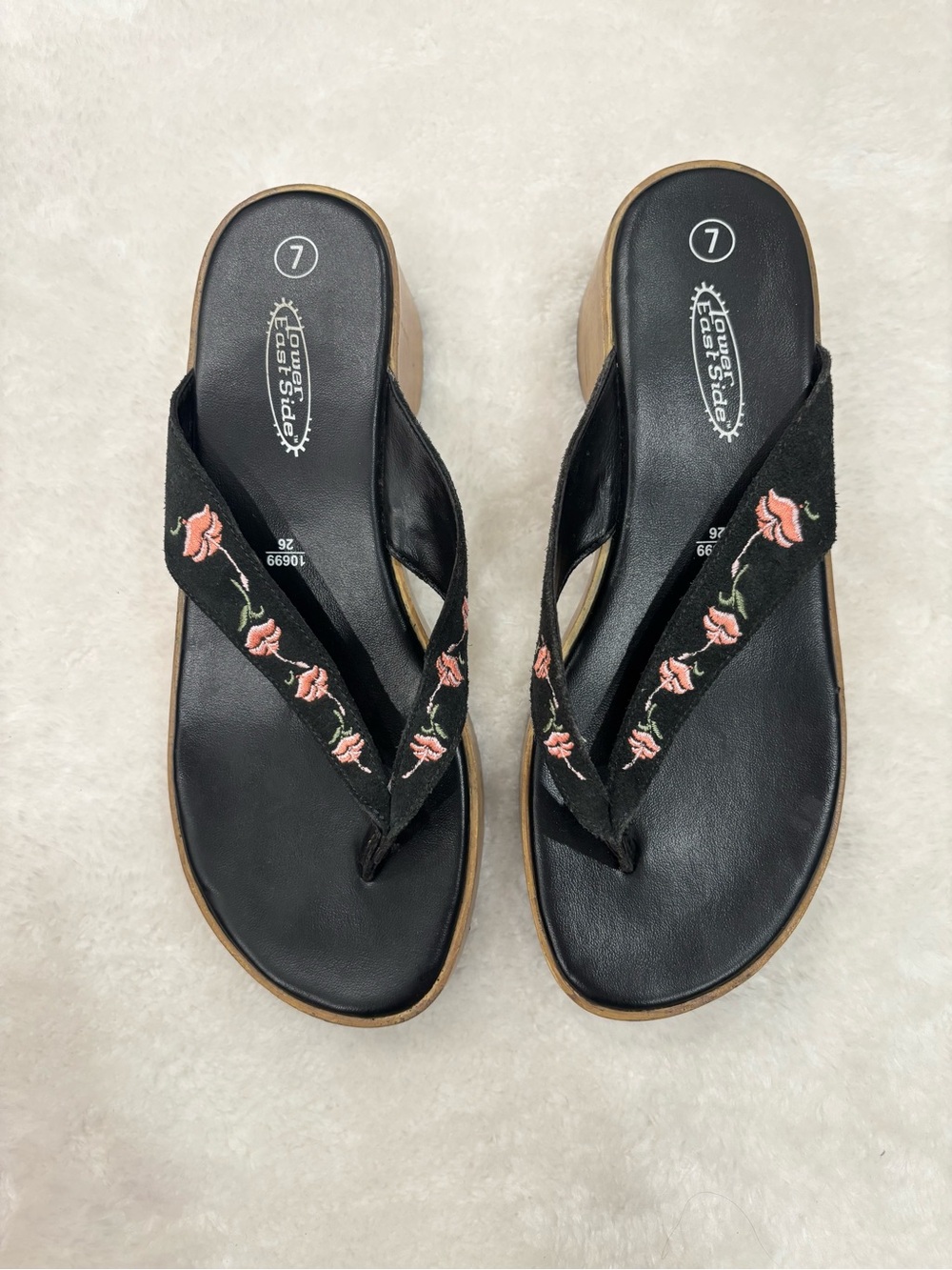 Y2K Lower East Side Wooden Thong Floral Embroidered Sandal Heels
